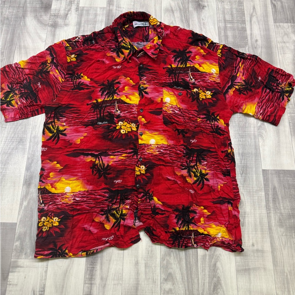 Men's XXL Red Tropical Palm-Print Short Sleeve Button-Down Hawaiian Shirt Sunset